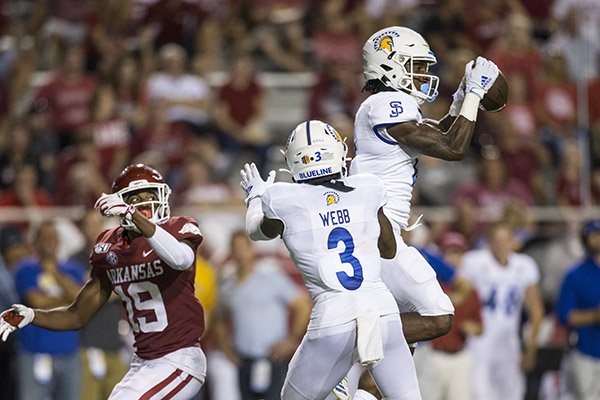 San Jose State defensive back Bobby Brown intercepts a pass during the fourth quarter of a game against Arkansas on Saturday, Sept. 21, 2019, in Fayetteville. 