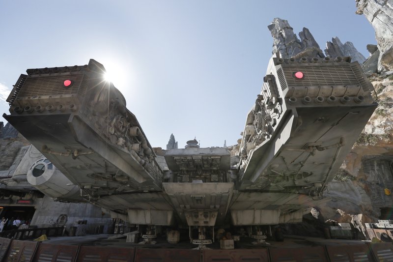 A view near the entrance to the Millennium Falcon Smugglers Run ride is seen during a preview of the Star Wars themed land, Galaxy's Edge in Hollywood Studios at Disney World, Tuesday, Aug. 27, 2019, in Lake Buena Vista, Fla. The attraction will open Thursday to park guests. (AP Photo/John Raoux)