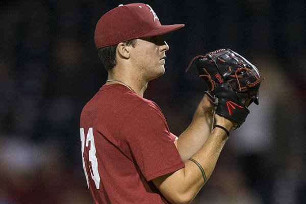 Arkansas pitcher Patrick Wicklander looks toward the mound during an exhibition game against Oklahoma on Friday, Sept. 20, 2019, in Fayetteville.