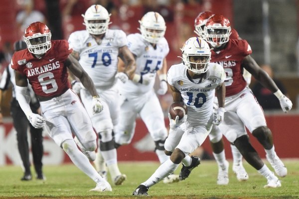 San Jose State wide receiver Tre Walker (10) carries the ball during the second quarter of a football game, Saturday, September 21, 2019 at Donald W. Reynolds Razorback Stadium in Fayetteville.