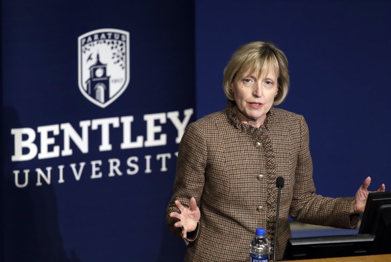 FILE - In this March 5, 2019, file photo, Bentley University President Alison Davis-Blake speaks during an event on campus in Waltham, Mass. After a decade of booming enrollment by students from China, American universities are starting to see steep declines as political tensions between the two countries cut into a major source of tuition revenue. &#x201c;We&#x2019;ve been very intentional about knowing that a drop-off was coming and really broadening our international and domestic footprint,&#x201d; Davis-Blake said. (AP Photo/Elise Amendola, File)