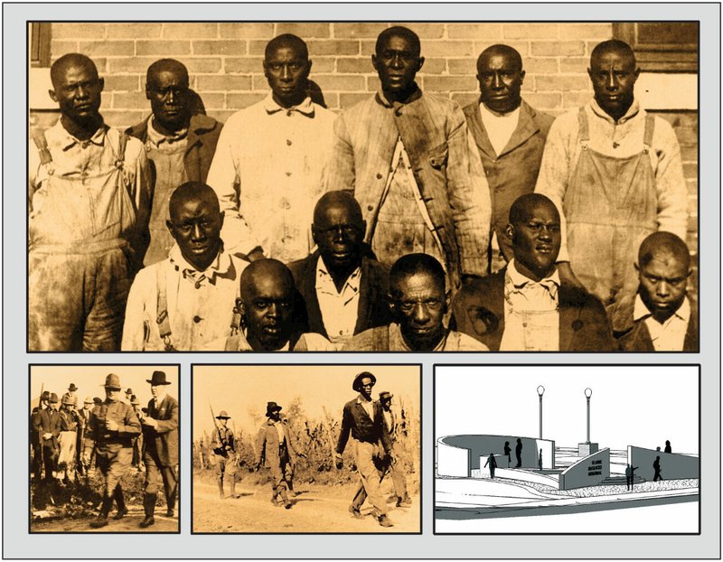 (Arkansas Democrat-Gazette/KIRK MONTGOMERY
Top photo: The Elaine Twelve, who were sentenced to death after the 1919 Elaine Massacre. The men, represented by Little Rock attorney Scipio Jones, were eventually freed. (Arkansas History Commission)
Lower photos: At left, Gov. Charles Hillman Brough (right) walks with an unidentified man as armed men look on in Elaine in early October 1919. At center, black men are escorted by federal troops on a road near Elaine in early October 1919. More than 500 troops were taken to Elaine from Little Rock. (Arkansas History Commission photos). At right, a rendering of the Elaine Massacre Memorial in Helena-West Helena, which will be dedicated today. (Courtesy of Amoz Eckerson/EckerBUILT 2019)

