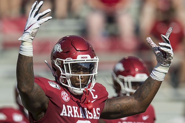 Arkansas linebacker De'Jon Harris is shown during a game against Colorado State on Saturday, Sept. 14, 2019, in Fayetteville. 