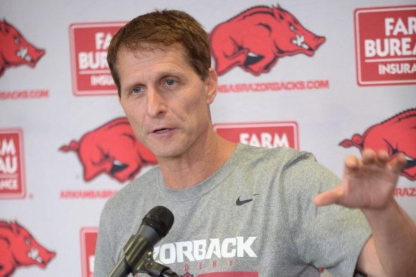 Arkansas coach Eric Musselman speaks Tuesday, Sept. 24, 2019, in the university's Basketball Performance Center in Fayetteville.