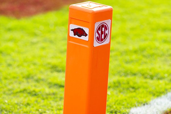 A pylon is shown prior to a game between Arkansas and San Jose State on Saturday, Sept. 21, 2019, in Fayetteville. 