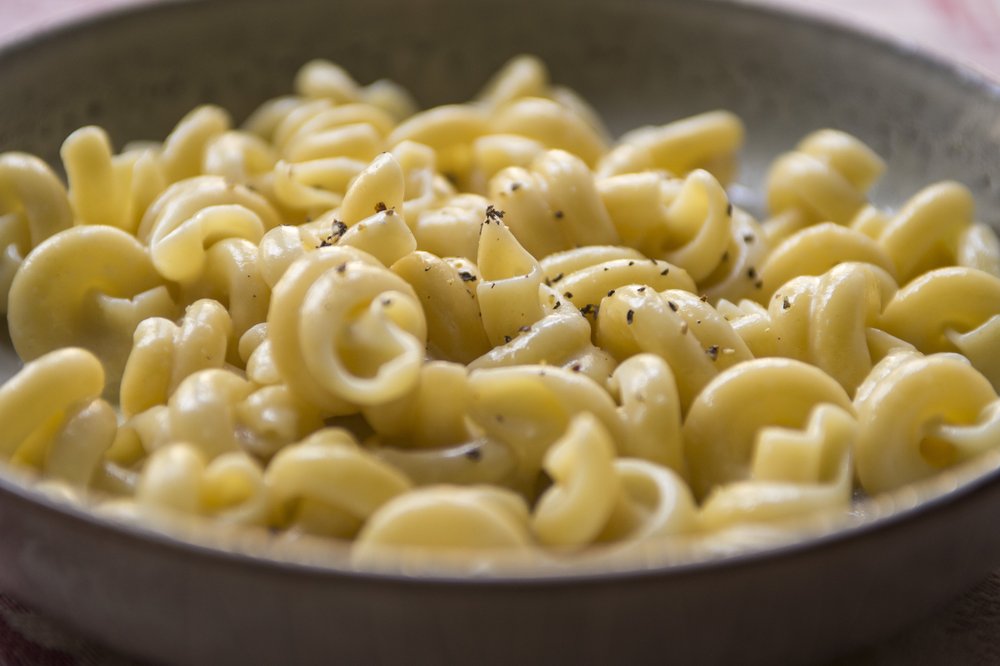 Mozzarella Cream with trottole pasta garnished with cracked black pepper Photo by Jeff Gammons