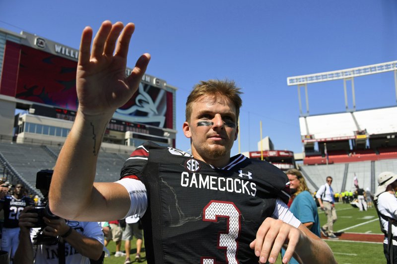 South Carolina quarterback Ryan Hilinski waves to fans after an NCAA college football game against Charleston Southern, Saturday, Sept. 7, 2019, in Columbia, S.C. South Carolina won 72-10. 