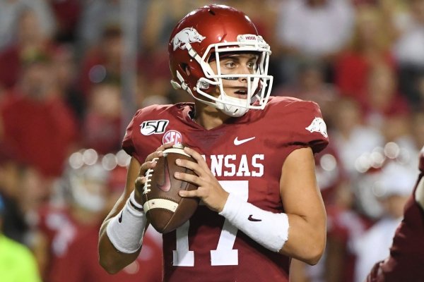 Arkansas quarterback Nick Starkel drops back to pass against San Jose State during an NCAA college football game, Saturday, Sept. 21, 2019 in Fayetteville. (AP Photo/Michael Woods)