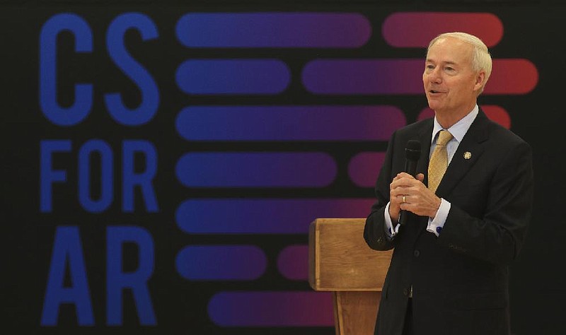 Arkansas Democrat-Gazette/STATON BREIDENTHAL --9/12/19-- Gov. Asa Hutchinson speaks about computer science  Thursday at Sylvan Hills Middle School as part of his Fall 2019 Computer Science Tour. This is the governor's ninth tour of Arkansas schools to promote computer science education and to encourage students to enroll in computer science and coding courses since taking office. 