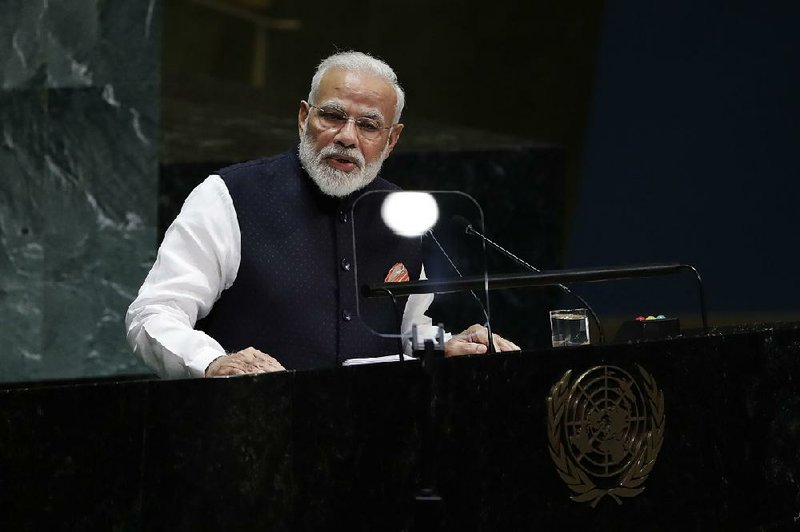 Indian Prime Minister Narendra Modi addresses the 74th session of the U.N. General Assembly on Friday, warning of the spread of terrorism. He said his country has given the world “not war, but Buddha’s message of peace.” For more photos, go to arkansasonline.com/928un/ 