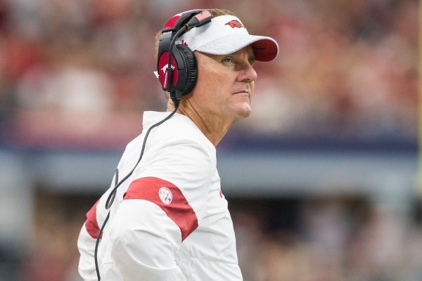 Arkansas coach Chad Morris is shown during the fourth quarter of a game against Texas A&M on Saturday, Sept. 28, 2019, in Arlington, Texas. 