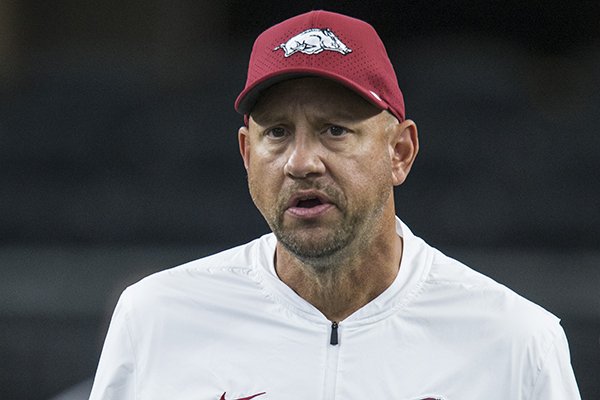 Arkansas running backs coach Jeff Traylor is shown prior to a game against Texas A&M on Saturday, Sept. 28, 2019, in Arlington, Texas. 