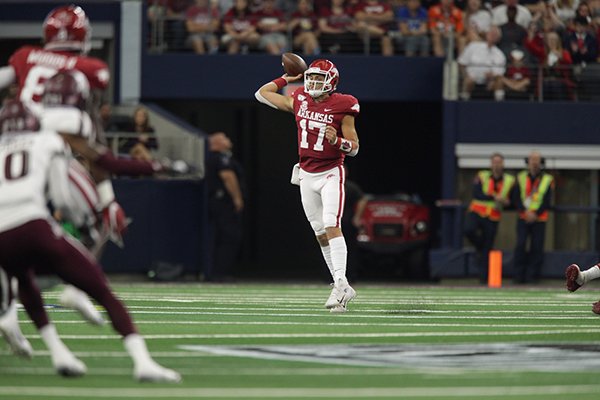 Arkansas quarterback Nick Starkel (17) throws a pass during a game against Texas A&M on Saturday, Sept. 28, 2019, in Arlington, Texas.