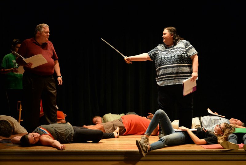 NWA Democrat-Gazette/ANDY SHUPE
Rusty Turner (left) and Britt Graves rehearse a scene Wednesday, Sept. 18, 2019, for &quot;Gridiron&quot; in Giffels Auditorium in Old Main on the University of Arkansas campus in Fayetteville.