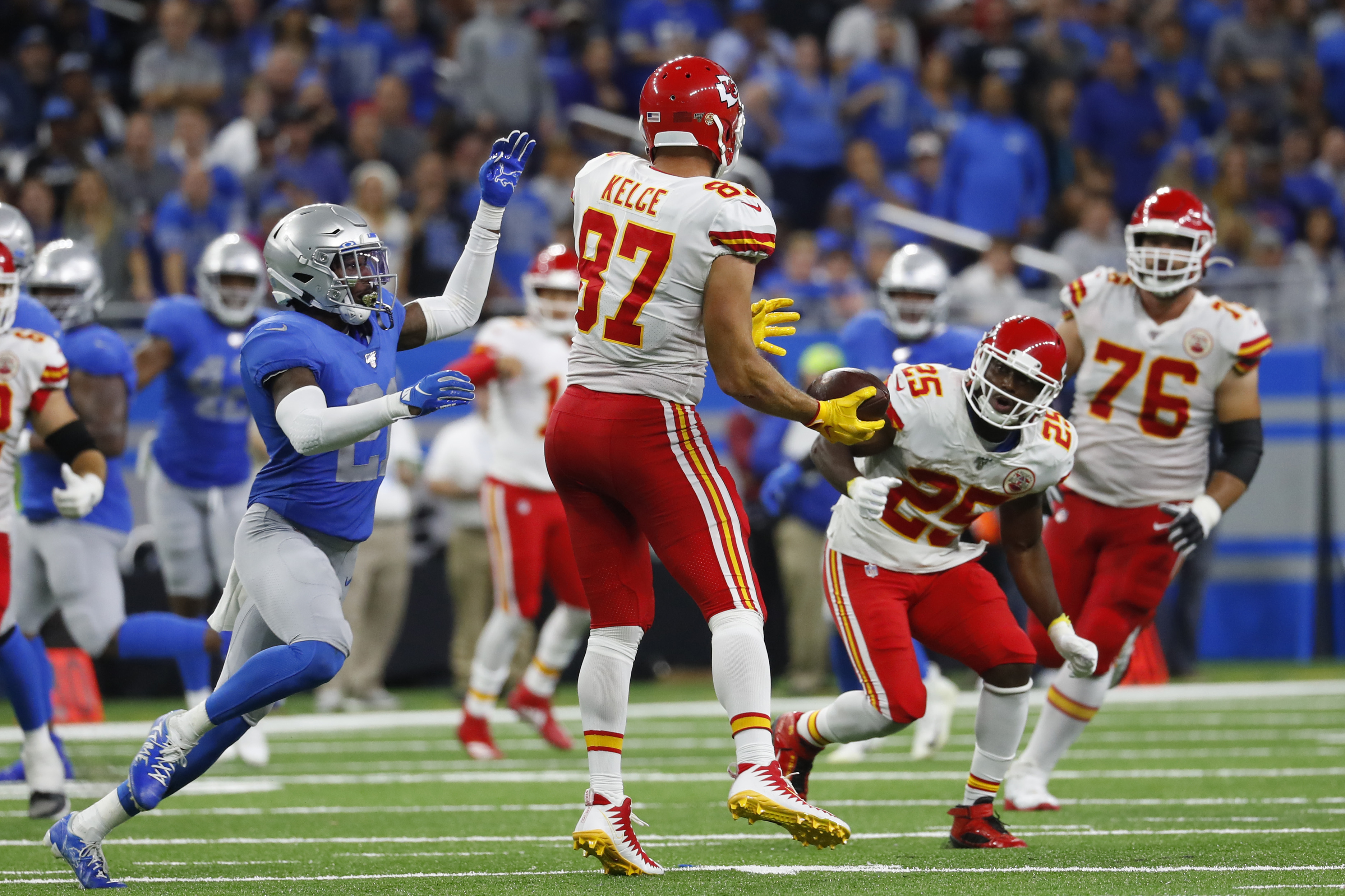 Kansas City Chiefs quarterback Patrick Mahomes, left, passes before Los  Angeles Chargers linebacker Kyle Van Noy can get to him during the second  half of an NFL football game Sunday, Nov. 20