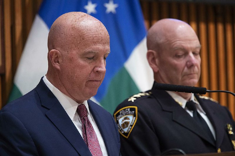 New York City Police Commissioner James O’Neill (left) is joined by Chief of Department Terence Monahan as he speaks Monday during a news conference in New York. 