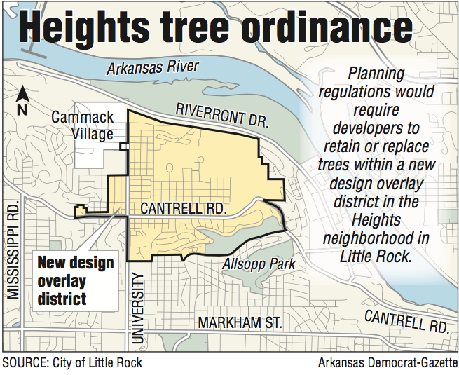 A map showing the area of the Heights tree ordinance.