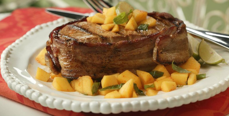 Bacon-Wrapped Pork With Mango-Basil Relish
National Mango Board