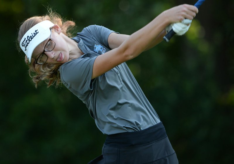 NWA Democrat-Gazette/ANDY SHUPE Grace Kilcrease of Har-Ber follows through Tuesday, Oct. 1, 2019, with her tee shot on the second hole during the first day of the Class 6A Girls State Golf Tournament at Fayetteville Country Club. Visit nwadg.com/photos to see more photographs from the round.