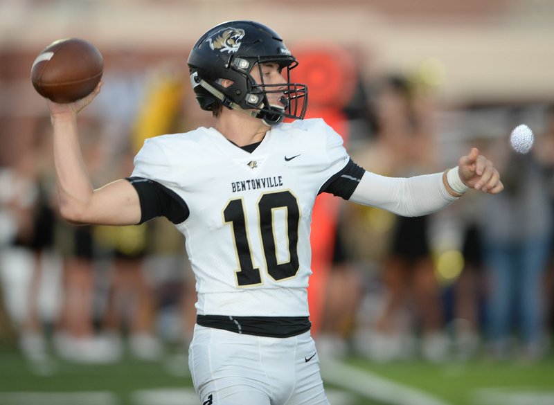 NWA Democrat-Gazette/ANDY SHUPE Bentonville quarterback Ben Pankau passes Friday, Sept. 27, 2019, during the first half of play against Har-Ber at Wildcat Stadium in Springdale. Visit nwadg.com/photos to see more photographs from the game.