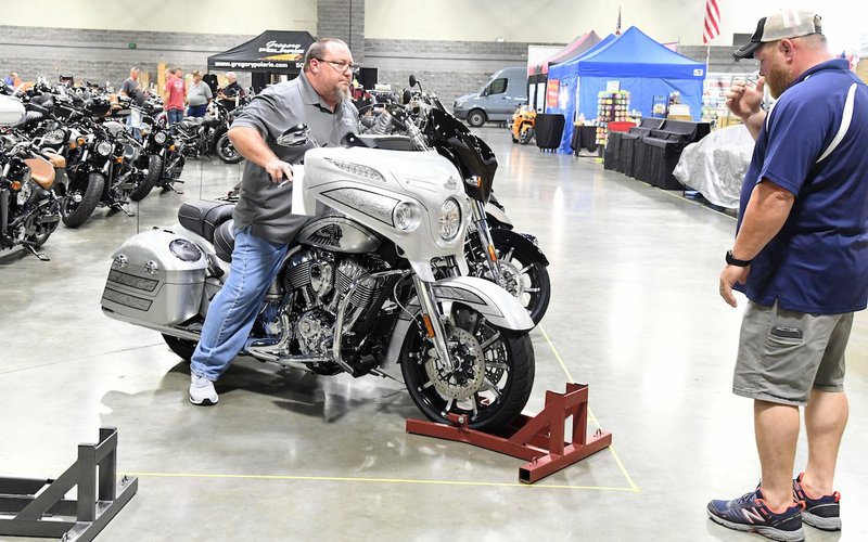 An Indian Motorcycle is positioned inside the Hot Springs Convention Center in September 2018 during the Hot Springs Rally. - File photo by The Sentinel-Record