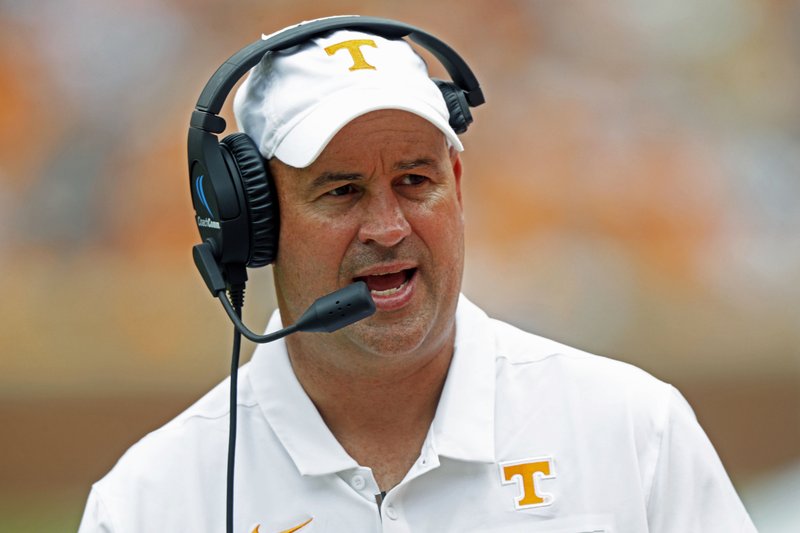 Tennessee head coach Jeremy Pruitt yells to his players in the second half of an NCAA college football game against Chattanooga, Saturday, Sept. 14, 2019, in Knoxville, Tenn. 