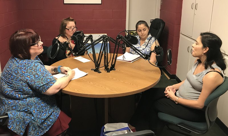 Becca Martin-Brown, features editor, and Lara Jo Hightower, features writer chat with Marissa Castillo, who portrays Tania, and Tanya Orellana, the scenic designer responsible for making gardens bloom inside T2.

