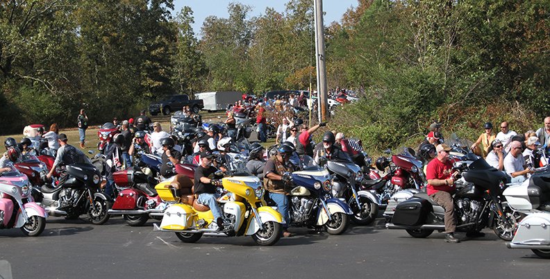 Over 600 Indian motorcycle owners from across the country line up Saturday in Hot Springs in an attempt to break the world record for a parade of Indian motorcycles. - Photo by Tanner Newton of The Sentinel-Record