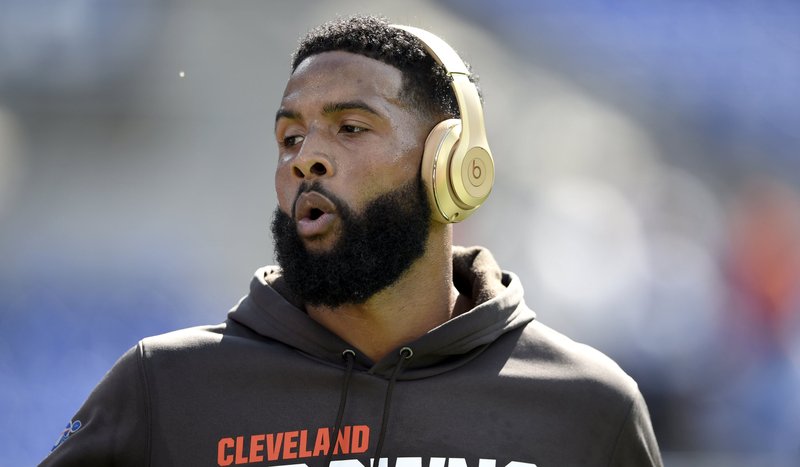Cleveland Browns wide receiver Odell Beckham reacts while working out prior to an NFL football game against the Baltimore Ravens Sunday, Sept. 29, 2019, in Baltimore. 