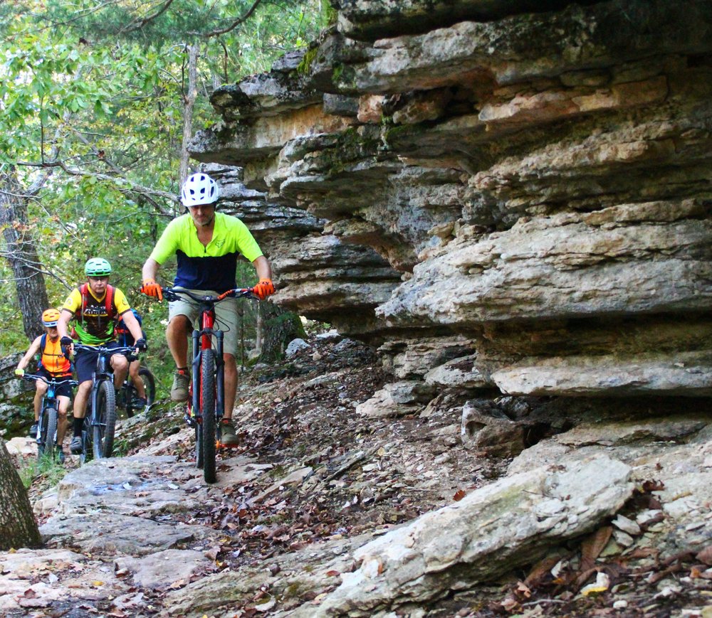 Tommy Farris, Randy Jackson, Michele Jackson, and Chris Griffin exploring the Karst bluff Sept. 27 at Hobbs State Park-Conservation Area's Monument Trail. (Special to the Democrat-Gazette/BOB ROBINSON)