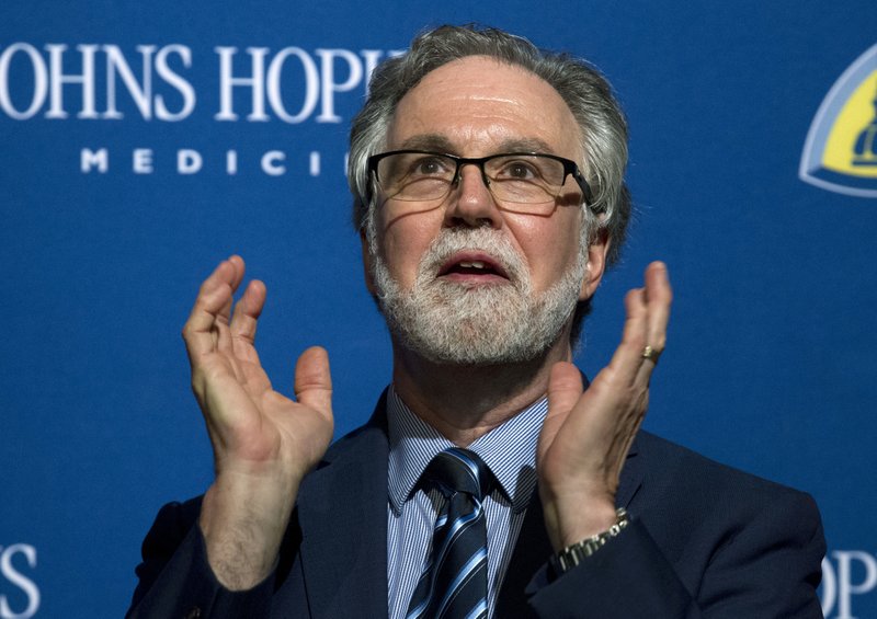 Professor Gregg Semenza speaks during a news conference after he was awarded the 2019 Nobel Prize for Physiology or Medicine at Johns Hopkins Medicine Hospital in Baltimore, Monday, Oct. 7, 2019. Semenza shares the prize with Drs. William G. Kaelin Jr. and Peter J. Ratcliffe for their discoveries of how cells sense and adapt to oxygen availability, the Nobel Committee announced Monday. (AP Photo/Jose Luis Magana)