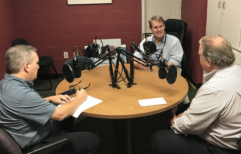Greg Harton, editorial page editor for the Northwest Arkansas Democrat-Gazette, (from left) Clayton Marsh, founder of the Thaden School, and Rusty Turner, NWADG editor, while recording 'Speaking of Arkansas.' story.lead_photo.caption