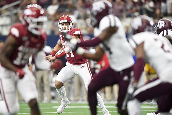 Arkansas quarterback Nick Starkel looks to pass during a game against Texas A&M on Saturday, Sept. 28, 2019, in Arlington, Texas. 