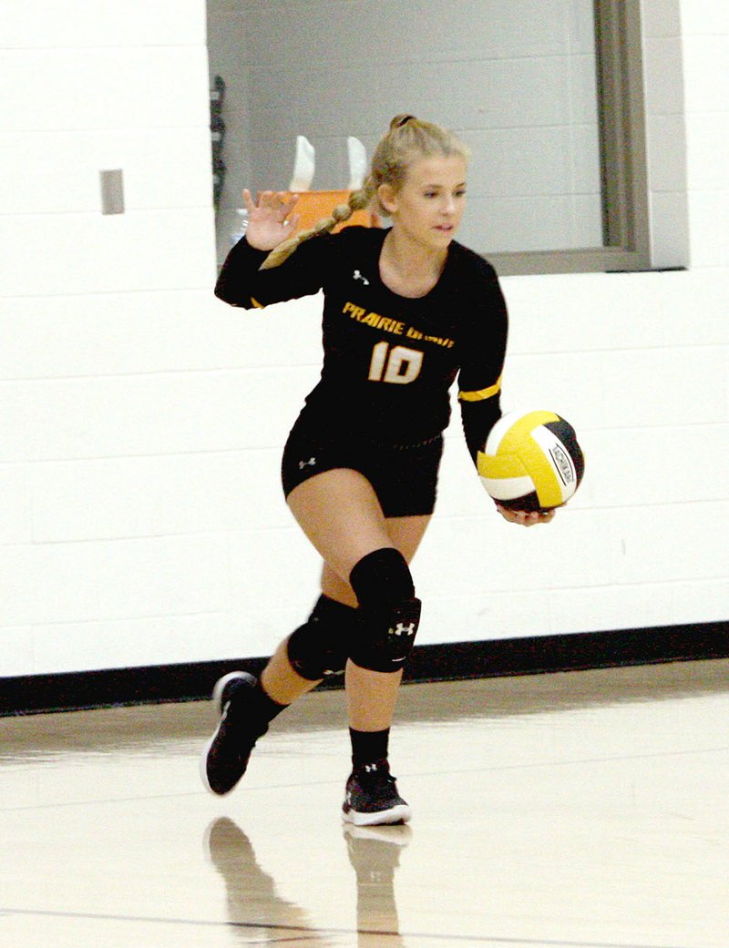 MARK HUMPHREY ENTERPRISE-LEADER Prairie Grove junior Sydney Stearman serves against Gentry during the Lady Tigers' 3-set sweep Thursday, Sept. 19, 2019 by scores of 25-14, 25-16, 25-19, in 4A-1 Conference play.