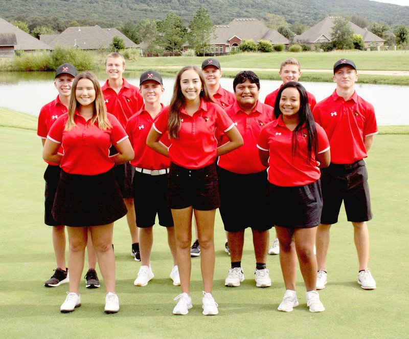 MARK HUMPHREY ENTERPRISE-LEADER Farmington's High School golf team (names not in order and not all pictured) Bailey Cuzick, Zoe Nix, Olivia Rodman, Landon Lawson, Dakota Bogan, Nick Womack, Rhett South, Clayton Antwine, Wesley Bridges, Jonathan Brye, K.J. O'Dell, Lance Williams, and Lucas Cartright have both the top four boys and the girls teams going to state in 2019.