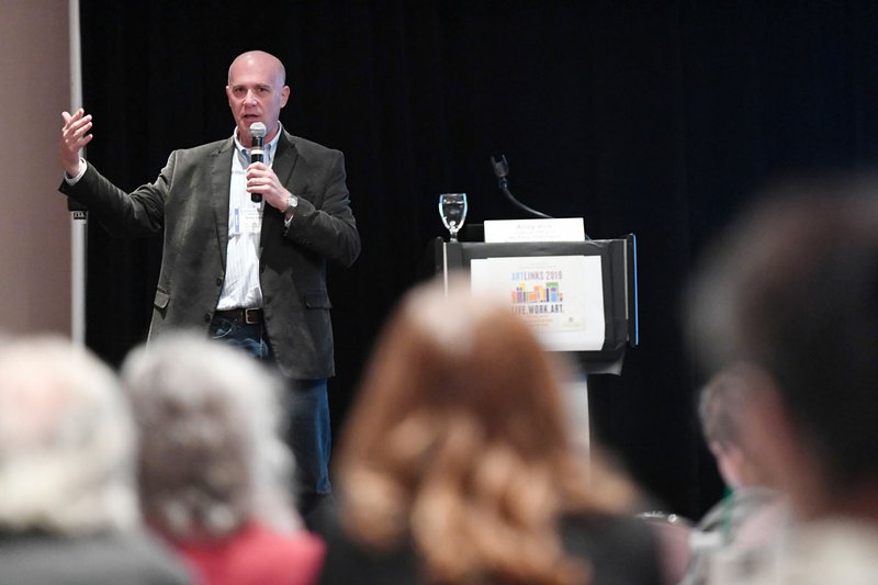 NWA Democrat-Gazette/J.T.WAMPLER Andy Vick, executive director of the Cultural Office of the Pikes Peak Region in Colorado Springs speaks Tuesday at Artlinks 2019 conference at the Graduate Hotel in Fayetteville. The event was sponsored by the Arkansas Arts Council. story.lead_photo.caption
