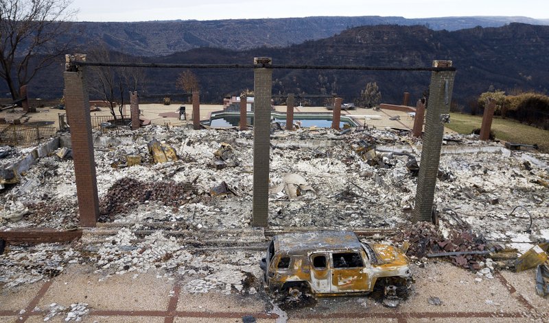In this Dec. 3, 2018, file photo, a vehicle rests in front of a home leveled by the Camp Fire in Paradise, Calif. Two years to the day after some of the deadliest wildfires tore through Northern California wine country, two of the state's largest utilities were poised Tuesday, Oct. 8, 2019, to shut off power to more than 700,000 customers in 37 counties, in what would be the largest preventive shut-off to date as utilities try to head off wildfires caused by faulty power lines. (AP Photo/Noah Berger, File)