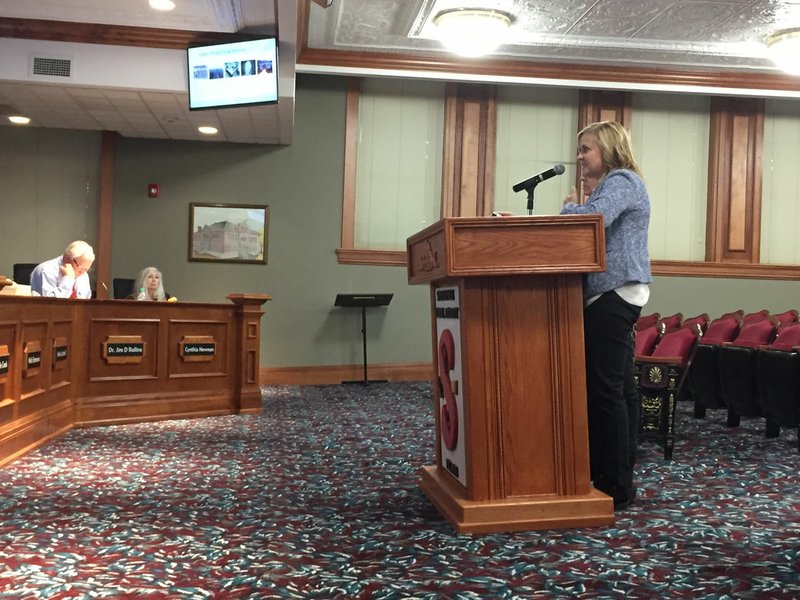 NWA Democrat-Gazette/DAVE PEROZEK Annette Freeman, principal of George Elementary School, addresses Springdale's School Board at its meeting Tuesday. Freeman and Shelly Poage, principal at Tyson Elementary School, gave an update on their work in the area of innovation.