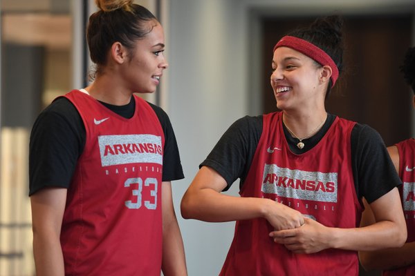 Guards Chelsea Dungee (LEFT) and Amber Ramirez wait their turn to talk to the media Wednesday Oct. 9, 2019 at the Arkansas Basketball Performance Center.