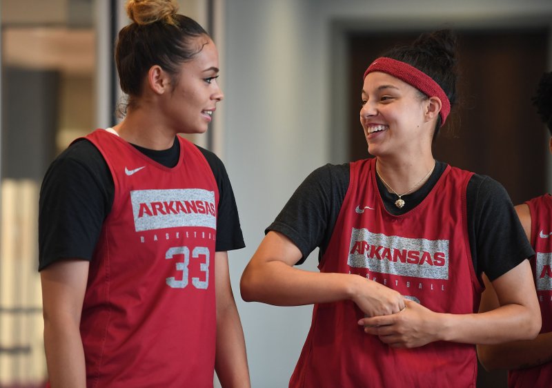 Guards Chelsea Dungee (LEFT) and Amber Ramirez wait their turn to talk to the media Wednesday Oct. 9, 2019 at the Arkansas Basketball Performance Center.