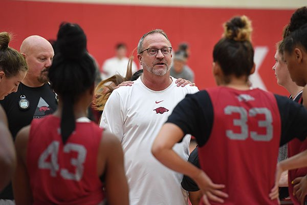 Arkansas coach Mike Neighbors talks to his team during practice Wednesday, Oct. 9, 2019, in Fayetteville. 