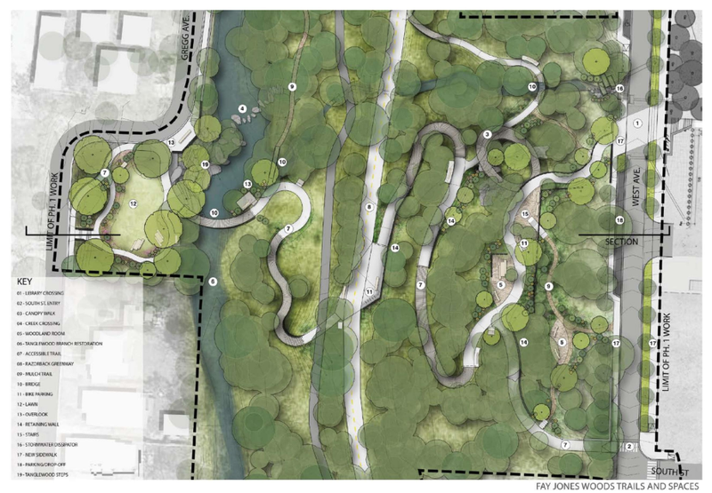 Courtesy photo/CITY OF FAYETTEVILLE A conceptual drawing shows the plan for trails, gathering spaces and other amenities at the Fay Jones woods west of the Fayetteville Public Library. The city's Active Transportation Advisory Committee viewed the plans Wednesday.