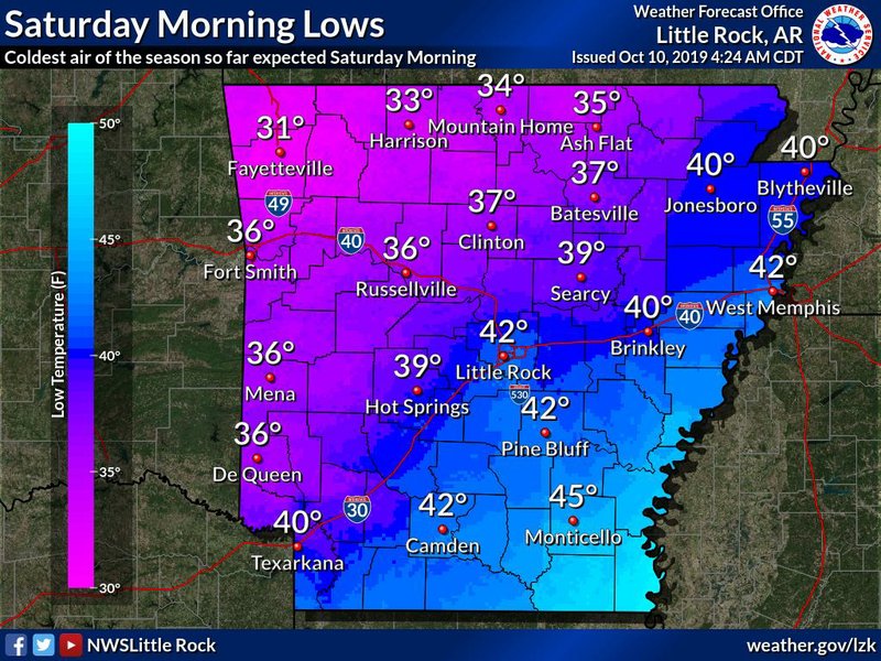 Lows will be in the 30s and 40s across the state Saturday morning after a cold front moves in Friday.