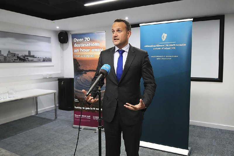 Ireland’s premier Leo Varadkar speaks to the media Thursday after private talks with Britain’s Prime Minister Boris Johnson in England. Varadkar said a Brexit deal is possible by month’s end. More photos are available at arkansasonline.com/1011brexit/ 