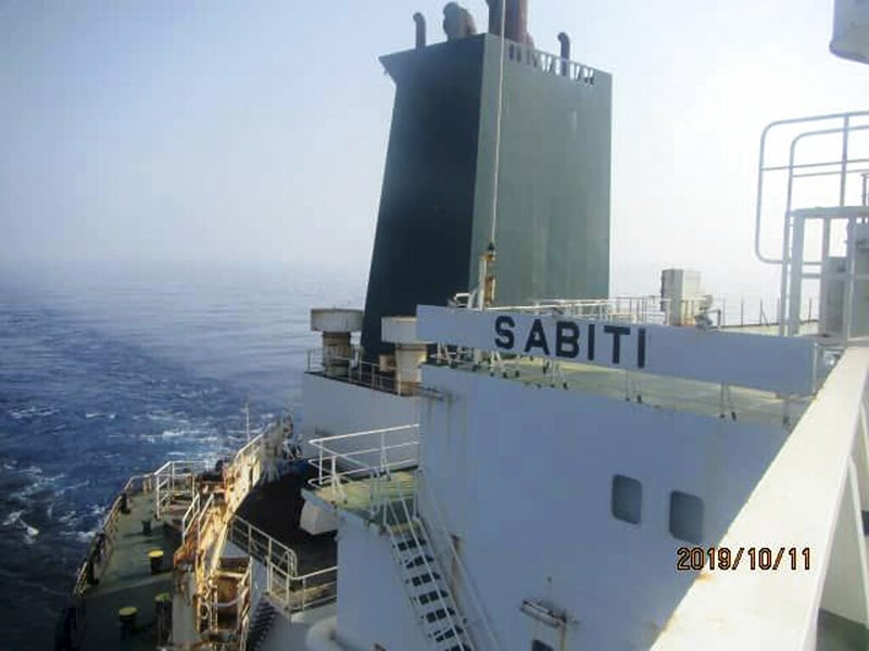 This photo released by the official news agency of the Iranian Oil Ministry, SHANA, shows Iranian oil tanker Sabiti traveling through the Red Sea Friday, Oct. 11, 2019. Two missiles struck the Iranian tanker Sabiti traveling through the Red Sea off the coast of Saudi Arabia on Friday, Iranian officials said, the latest incident in the region amid months of heightened tensions between Tehran and the U.S.