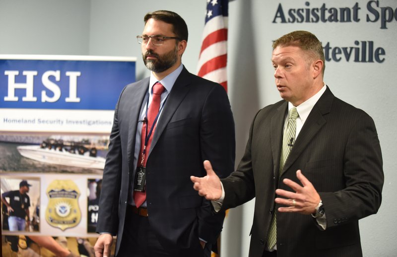 Eric Cardiel (left), supervisory special agent, and Nick Nelson, assistant special agent in charge, announce at the Homeland Security Investigations Fayetteville office an anti-counterfeiting law enforcement operation Friday, October 11, 2019 taking place in Northwest Arkansas. The large-scale law enforcement operation is targeting counterfeit products including contact lenses, makeup and other cosmetics that are likely to be worn for Halloween. Counterfeits often contain bacteria, heavy metals, or other toxins that pose a health and safety hazard.

