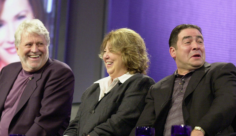 Harry Thomason (left), Linda Bloodworth-Thomason and chef Emeril Lagasse at a presentation for NBC-TV comedy Emeril for television writers in 2001. (AP)
