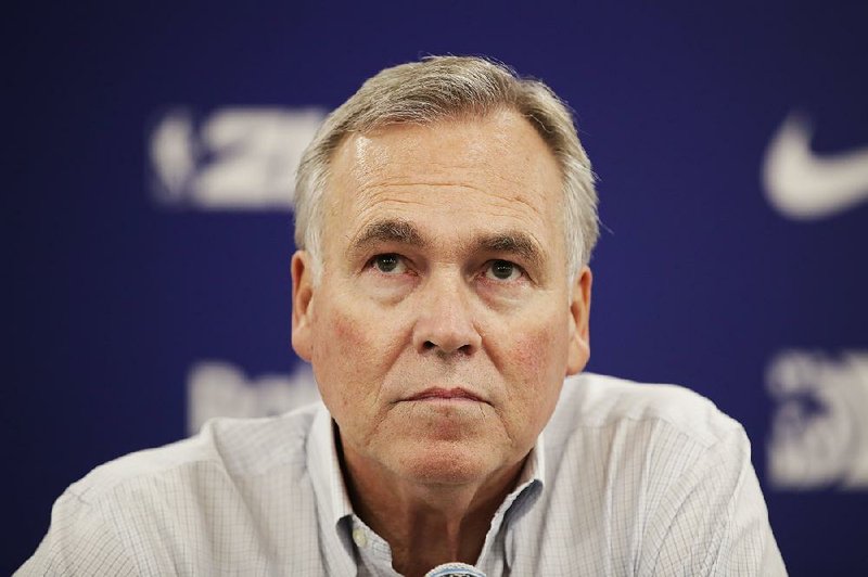 Houston Rockets head coach Mike D'Antoni listens to questions during a news conference after the team's NBA preseason basketball game against the Toronto Raptors Tuesday, Oct. 8, 2019, in Saitama, near Tokyo. (AP Photo/Jae C. Hong)