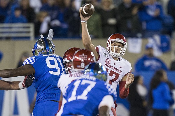 Arkansas quarterback Nick Starkel throws a pass during a game against Kentucky on Saturday, Oct. 12, 2019, in Lexington, Ky. 