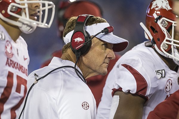 Arkansas coach Chad Morris is shown during a game against Kentucky on Saturday, Oct. 12, 2019, in Lexington, Ky. 